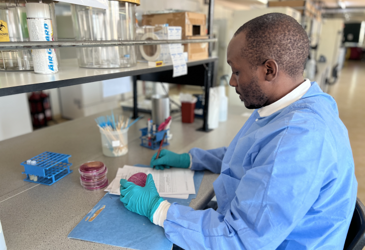 Scientist holds petri dish at a lab bench